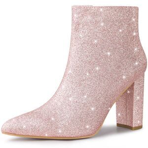 Glitter Pointed Toe Chunky Heel Sparkly Booties Pink Ankle Boots